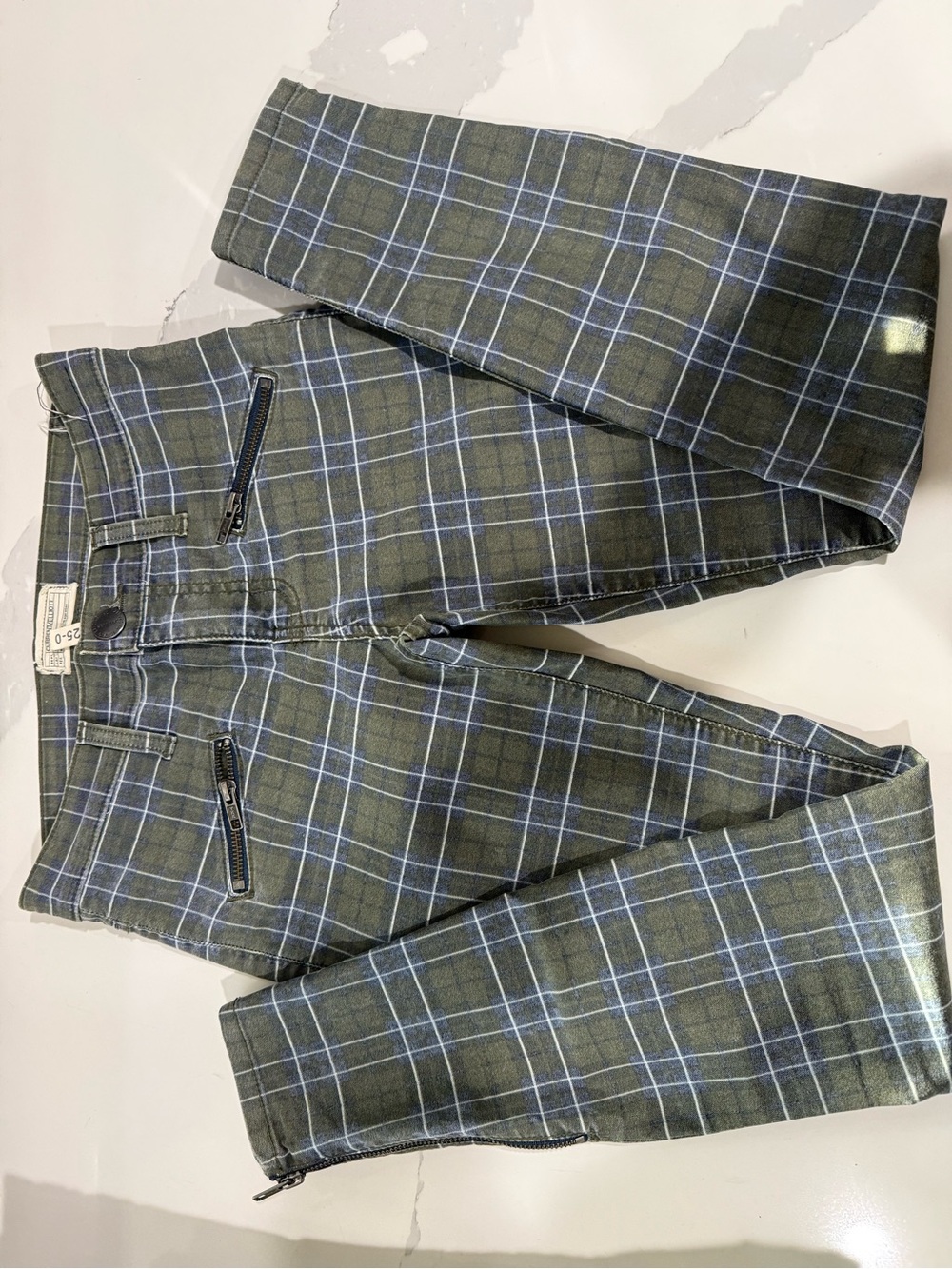 Current/Elliott Olive Plaid Chinos with Light Blue Windowpane
